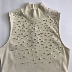 NEW NWOT Express Mock Neck Top W/Pearl and Rhinestone Beading. Ivory. Medium.